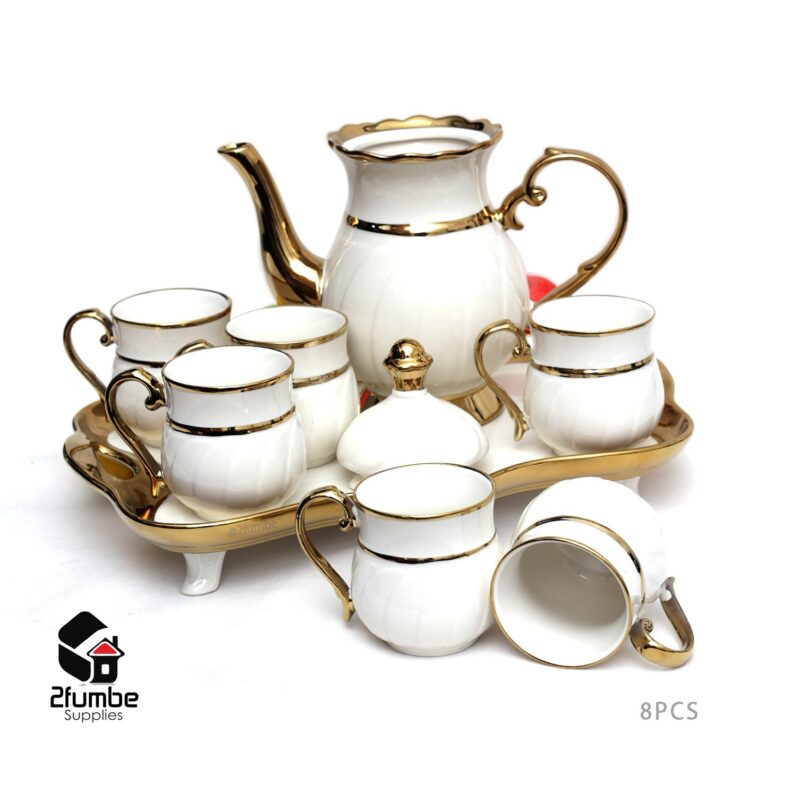 Elegant Gold Ceramic Coffee Cups, Tray & Teapot Set